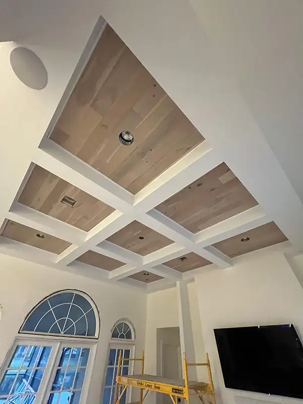 Coffered ceiling with wood plank panels